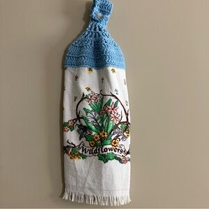 Crochet Top Hanging Kitchen Towel - Floral Wildflowers - Blue & White